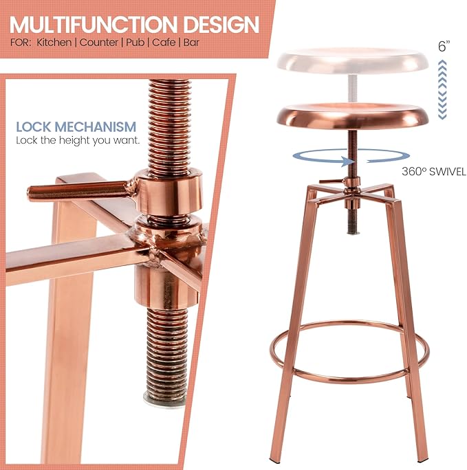 Brage Living Atlas Industrial Bar Stools Set of 2, Adjustable Swivel Four Legged Round Metal Barstools, Backless Counter Height Bar Chairs for Kitchen Dining (Rose Gold)