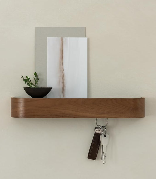 Kazai. Key Holder 'Toke' | Minimalist Key Hook Design from Berlin | Modern Key Holder Wall Mount with Wooden Shelf | Key Rack for Wall as Entryway Organizer | Walnut
