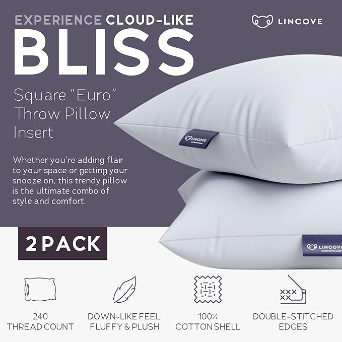 Lincove Euro Throw Pillow Insert Square 14"x26" Pillow – Made in Canada, 100% Cotton Shell, Down Alternative Filling, Vegan-Friendly, Hypoallergenic - Decorative Couch Pillows, 2 Pack
