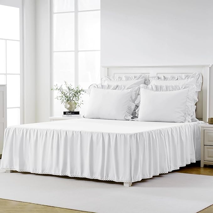 Vlocemon - Full Size 21" Drop - White Lightweight Cotton Bed Skirt with Crochet Edge - Dust Ruffle with Split Corner - Soft, Elegant, Breathable Bedding Accessory