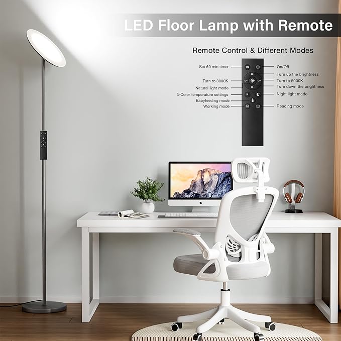 PreeOtti LED Floor Lamp with Remote, Touch Control, Fully Dimmable, Adjustable Brightness, 69 in, Deep Grey