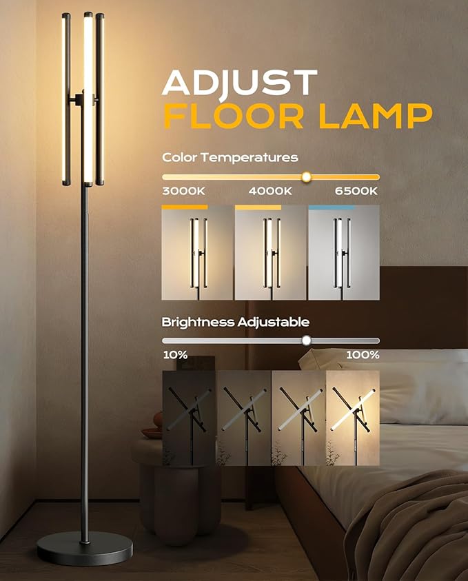 Modern LED Dimmable Floor Lamp, Black Tall Standing Lamp for Living Room Bedroom with 3 Rotatable Lamp Bars, 70'' Bright Stepless Dimmable LED Tree Floor Light with Remote Control