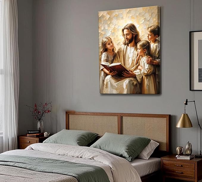 Jesus Teaching Child Canvas Wall Art Christian Kids Room Wall Decor God With Children Painting Pictures Religion Faith Poster Prints for Kids Room Bedroom Church Decoration 12X16