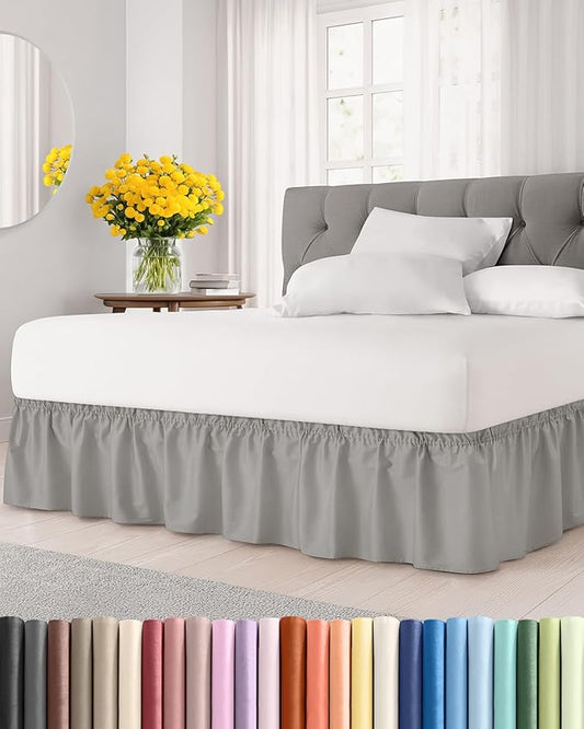Wrap Around Dust Ruffle Bed Skirt - Light Grey - for King Size Beds with 15 Inch Drop - Elastic Strap - Adjustable Pleated Bedskirt with Brushed Fabric and Wrinkle Free - for Women, Men, Kids & Teens