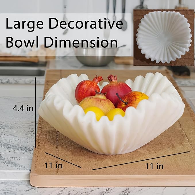 Large Decorative Bowl Kitchen Counter - 11" White Coffee Table Key Bowl Décor Scalloped Ruffle Centerpiece Bowl Elegant Wavy Edge Perfect for Housewarming &Wedding Gift 11*11*4.4 inch LC Lcdecohome