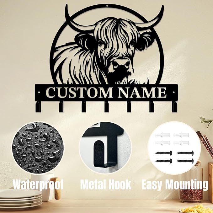 magilab Personalized Custom Highland Cow Wall Hooks,Metal Highland Cow Art Clothes Hooks,Metal Highland Cow Wall Home Storage Decorative,for Front Door, Hallway, Kitchen, Bedroom,Keys,Hats (Style K)