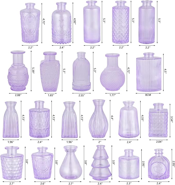 RUCKAE Purple Flower Vase in Bulk 22 Glass Bud Vases Vintage Small Vases for Centerpiece Table Wedding Decorations Home Decor Party (Purple 22 Pack)
