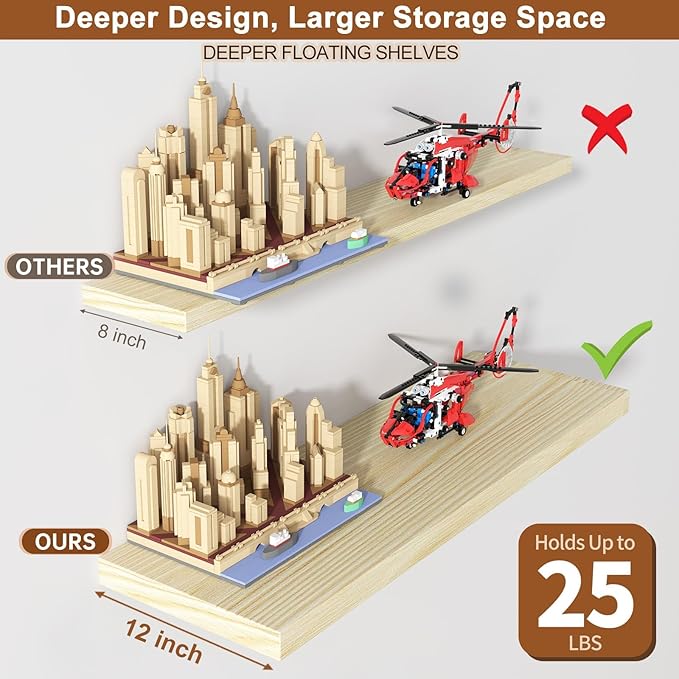 12 Inch Deep Floating Shelves for Wall 3 Pack Floating Shelfs Large Storage Space Wall Decor Display Shelf for Bathroom Living Room Bedroom Kitchen 23.8" W x 12" D x 1.2" H Natural Wood