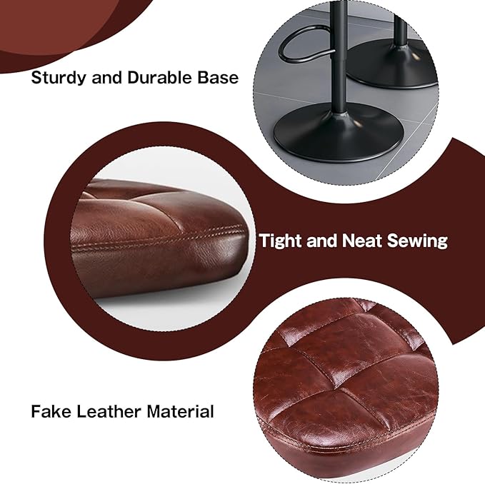 Bar Stools Set of 2,Adjustable Swivel Barstools, Modern PU Leather Upholstered Bar Chair with Back and Footrest,for Bar, Kitchen, Dining Room Brown-2