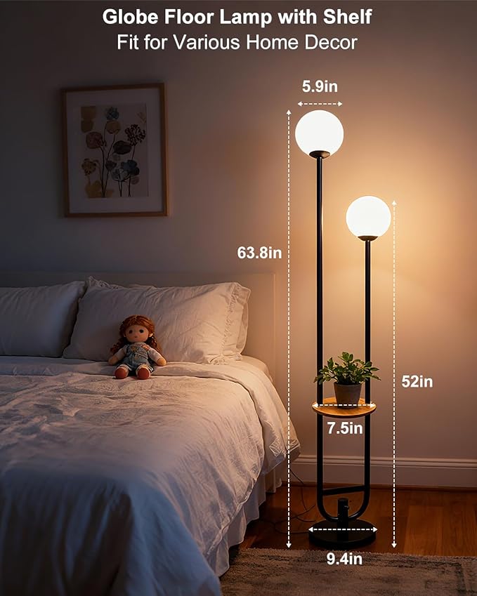 ACOHOOK 63IN Black Floor Lamp, Modern Mid Century Globe Standing Lamps with 3000K LED Bulbs Candle Holder Style Unique Vintage Tall Floor Lamp for Living Room/Wedding