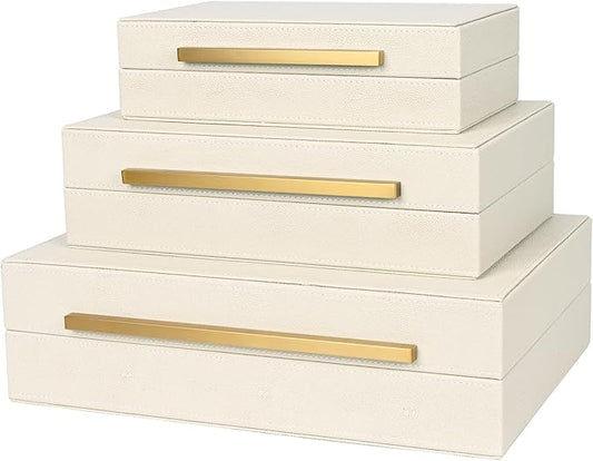 Beige Shagreen Decorative Box Set of 3 - Faux Leather Nesting Storage Boxes with Lids, Large Modern Jewelry Organizer, Stackable Home Decor Box for Bedroom, Bathroom & Office
