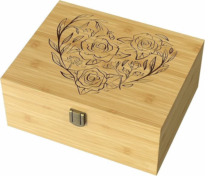 Wooden Keepsake Memory Box for Precious Items, Decorative Bamboo Boxes with Hinged Lid and Latch for Memories of Relatives, Anniversary, Wedding