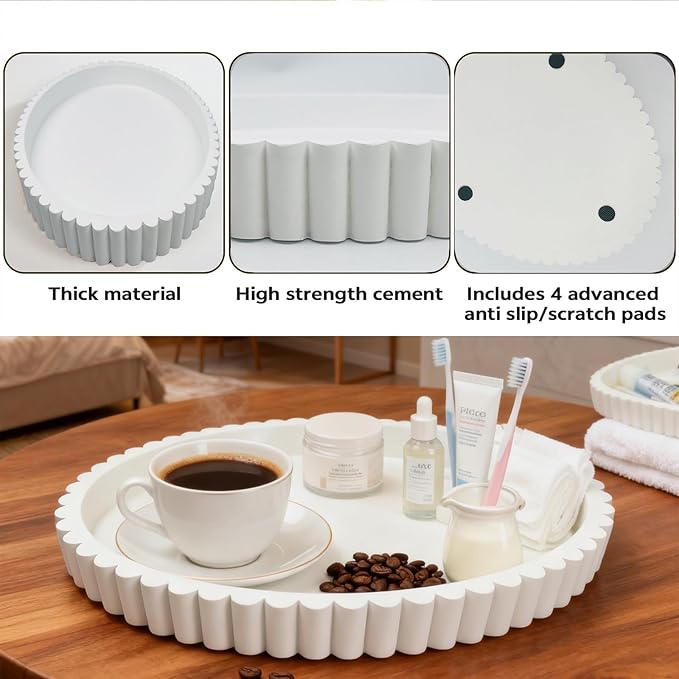 Oval Tray for Coffee Table Décor 13" Concrete Modern Decorative Trays Home Décor Accents -Circle Coffee Table Centerpieces - Island Decor Contemporary Decor Tray (White)