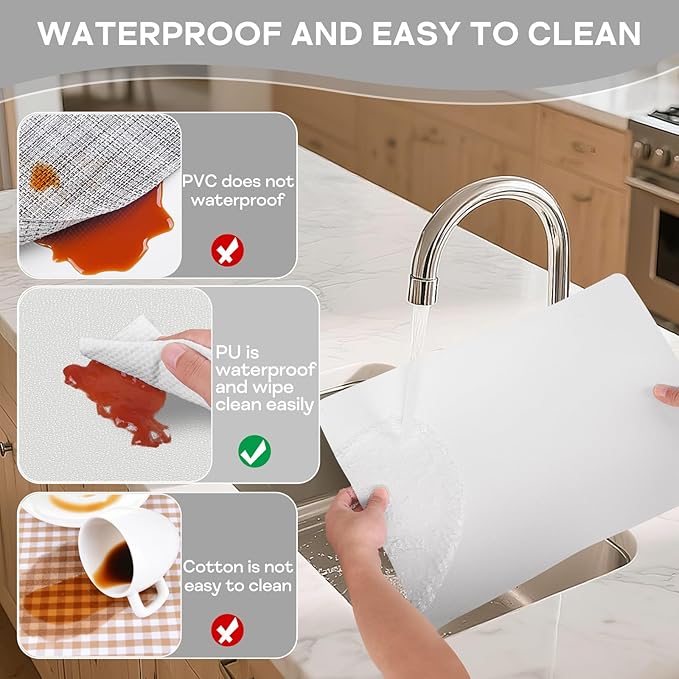 Faux Leather Placemats Set of 6, Vinyl Placemats Heat Resistant Place Mats, Waterproof Oil-Proof Wipeable Dining Table Mats and Coasters for Kitchen, Indoor, Outdoor (White)