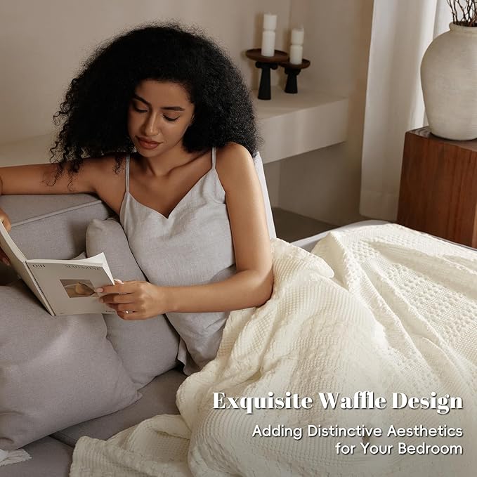 PHF 100% Cotton Waffle Weave Blanket Twin Size for Bed, Soft Lightweight & Breathable, All-Season Comfort, 300 GSM Luxury Aesthetic Blanket for Home Decor, 66"x90", Cannoli Cream