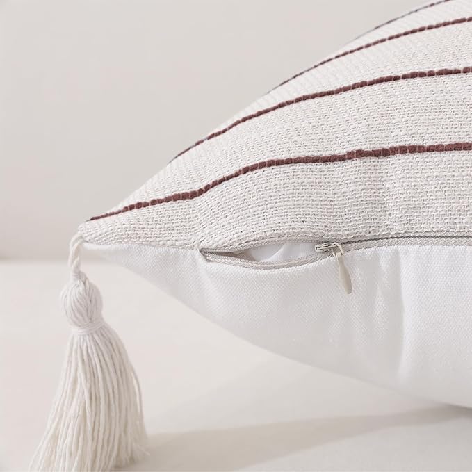 QDTTSRY Decorative Boho Throw Pillow Covers 20x12 Inch Set of 2, Textured Linen Striped Lumbar Throw Pillows with Tassels, Soft & Cozy Farmhouse Decor Cushion Covers for Couch Bed Living Room