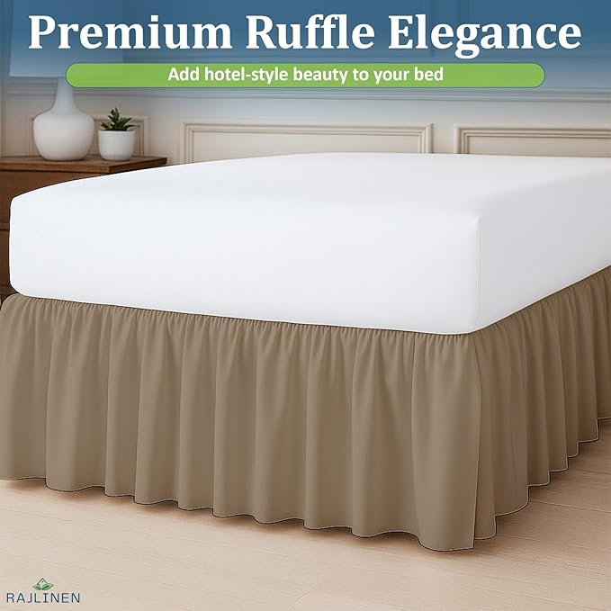 Rajlinen Ruffled Bed Skirt Full XL, 15 Inch Drop Dust Ruffle with Split Corners, 100% Microfiber Bedskirt with Platform, Three-Sided Coverage Ruffled Gathering Design, Taupe