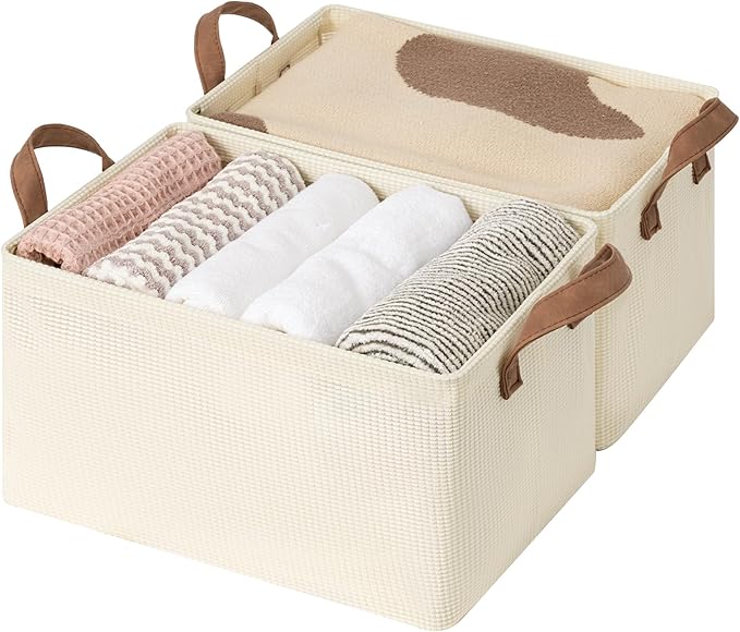 StorageWorks Storage Bins, Shelves Baskets for Organizing, Fabric Closet Organizers with Handles, Metal Frame, Beige?Texture?, 2-Pack