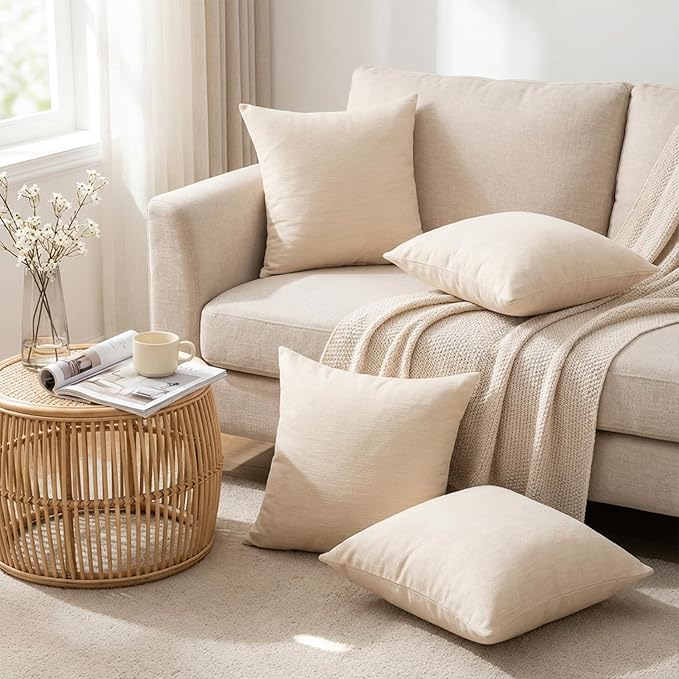 Set of 4 Khaki Throw Pillow Covers 18x18 Inch, Neutral Boho Farmhouse Aesthetic Decorative Pillow Cases for Couch, Sofa, Living Room & Bed, Soft Chenille Pillow Cases, Stylish Home Decor, 45x45 cm
