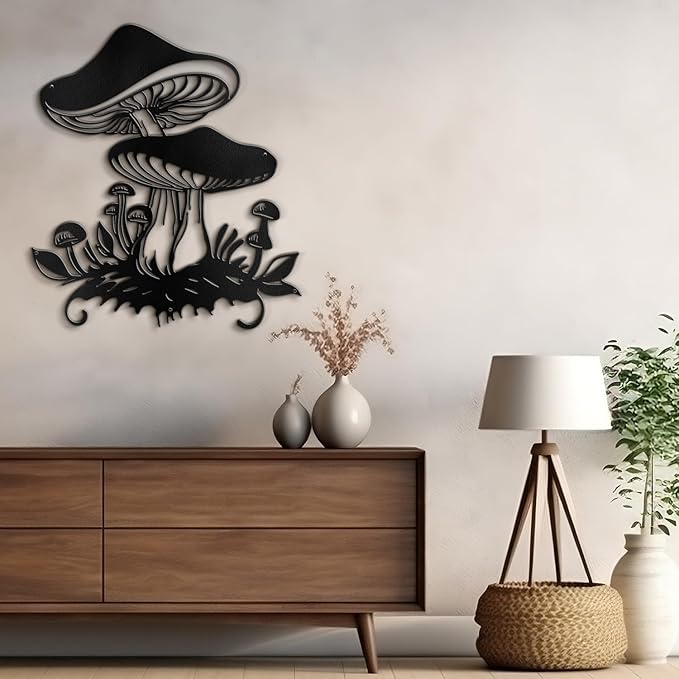 SIGNLEADER Metal Wall Art Decor Mushroom Cottagecore Modern Abstract Wall Sculpture Hangings Home Decoration for Living Room, Bedroom, Bathroom, Kitchen, Outdoor - 18" Black