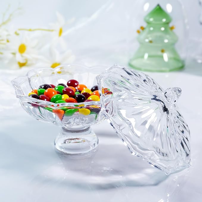 Glass Candy Dish with Lid 4oz, Clear Decorative Crystal Bowl with Thick Base – Small Dessert Bowl for Ice Cream, Jewelry, Candies, Nuts, Candle Holder, Party and Table Decor