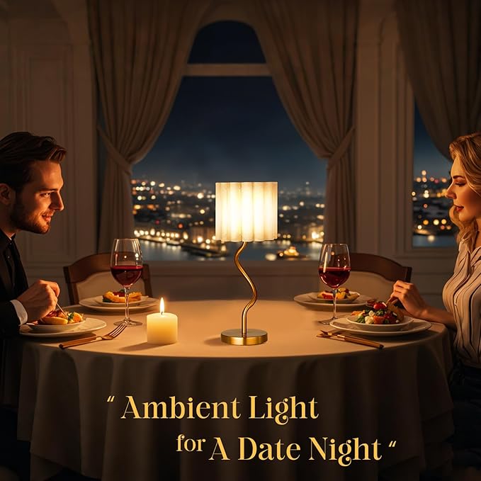 Cordless Scalloped Table lamp, Modern Brass Lamp for Bedside Restaurant Dining Table, 5200-mAh Rechargeable Battery, 3-Level Brightness Dimmable, Build-in Integrated LED 320 Lumen Max