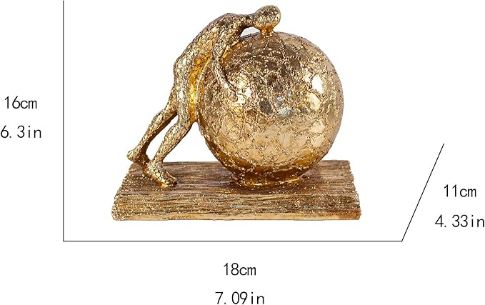 Art Deco Gold Sphere Sculpture, Struggler Figurine Decor, Ball Lifting Sculpture, Creative Ornament for Office Living Room, Resin 9in