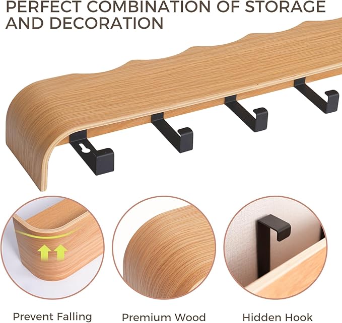 Wall Coat Rack Floating Shelves Modern Coat Rack Wall Mount with Storage Entryway Shelf Wooden Hanger 20 Inch 4 Hidden Metal Hooks for Living Room Bedroom (Wavy Oak, 4 Hooks)