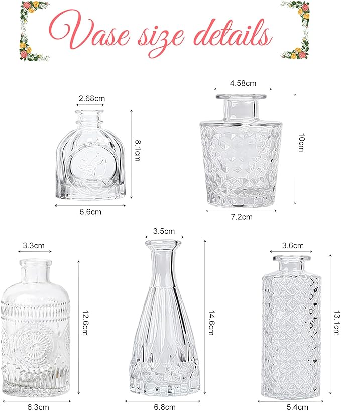 5 Pack Glass Bud Vases - Mini Glass Vases for Room Decor, Centerpieces, Shelf and Wedding Decor - NO Flowers