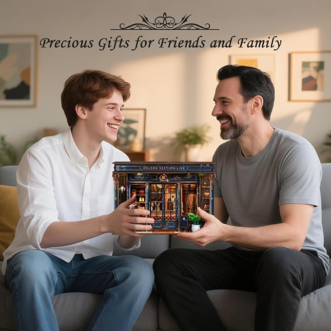 DIY Book Nook Kit - DIY Miniature Dollhouse Kit 3D Wooden Puzzles Gentleman's Clothing Store, Tiny House Bookshelf Decor with LED, Gift for Adults Teens - Golden Section Line
