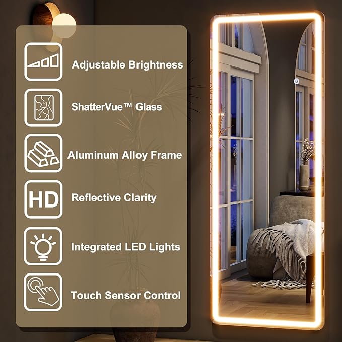 HARRITPURE LED Full Length Mirror - 64"x21" Rounded Corner Floor Mirrors with Stand, Large Standing Mirror with Lights for Bedroom/Cloakroom -Dimmable & 3 Color Lighting/Wall Mounted