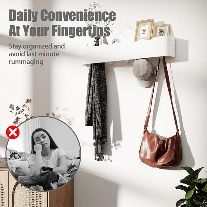 Coat Rack Wall Mount with Shelf 5 Hidden Hooks Modern Wooden Key Holder Entryway Organizer for Hallway Bedroom Bathroom Home Decor Storage for Hanging Coats Hats Bags Towels, Wave-Shape White