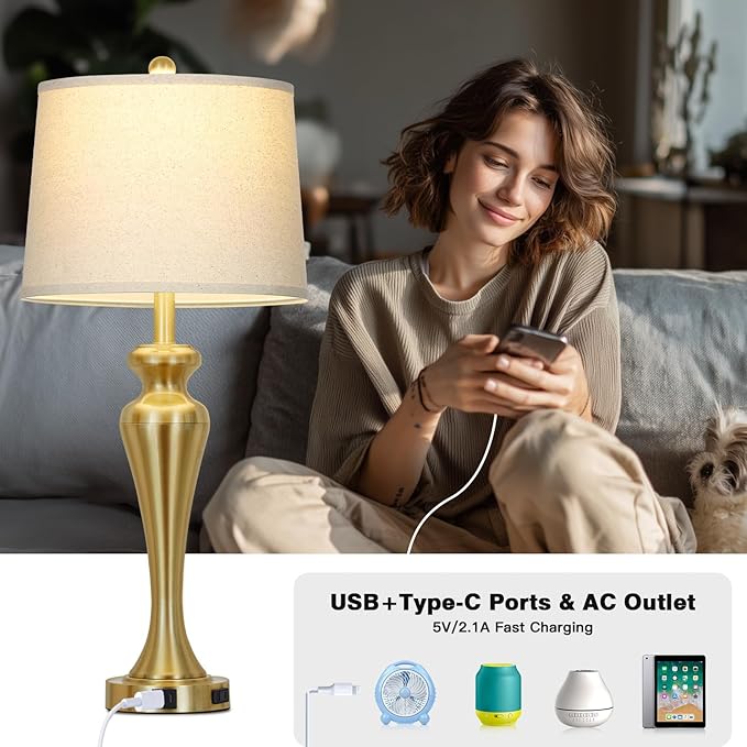 30 Inch Gold Single Table Lamp, 3-Way Dimmable Touch Control Bedside Lamps with USB A+C Ports and AC Outlet, Metal Brass Bedroom Lamps for Night stand, Modern Tall Lamp for Living room end table