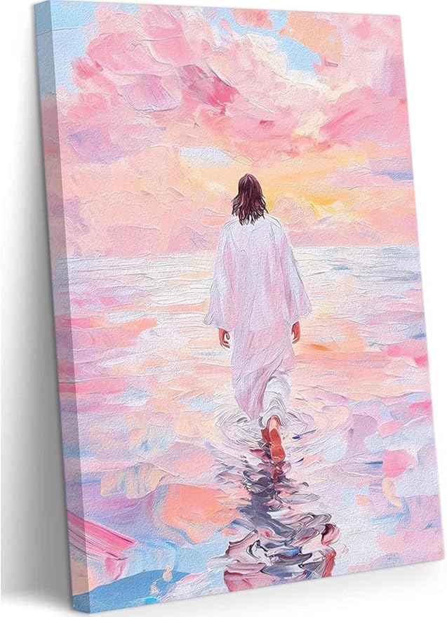 Pink Jesus Walking On Water Wall Art Religious Christian Oil Painting Canvas Wall Decor Religious Savior Poster Aesthetic Pictures for Living Prayer Room Church Bedroom 16x24 in Framed