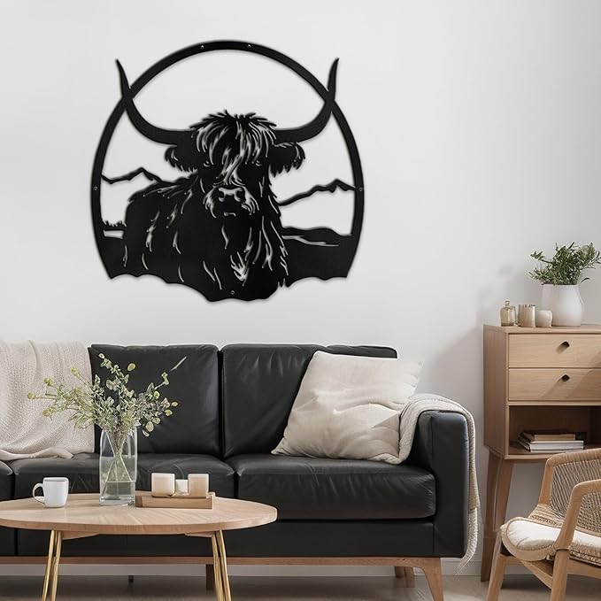 SIGNLEADER Metal Wall Art DecorHighland Cow with Mountain Minimalist Modern Abstract Wall Sculpture Hangings Home Decoration for Living Room, Bedroom, Bathroom, Kitchen, Outdoor - 18" Black