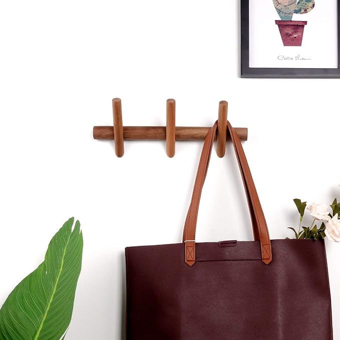 Wood Coat Hooks Wall Mounted Hat Rack Tower Hanger Wall Hooks Decorative Hanger with Pegs Entryway Bedroom Bathroom（Black Walnut，3 Hooks）