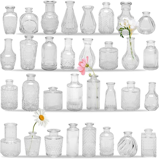 32 PCS Clear Glass Bud Vases Set,Small Flower Arrangement Vase,Vintage Crystal Glass Design,Wedding,Party Decoration,Home Flower Arrangement (32)