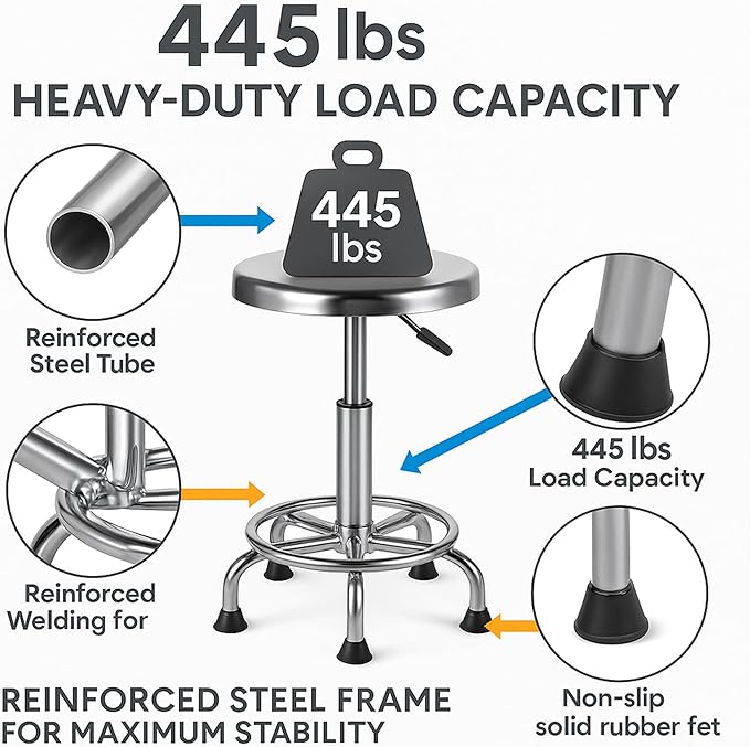 Adjustable Work Stool, Stainless Steel Office Chair, Round Stool Chair, Designed Ergonomics, Non-Slip Foot Pads