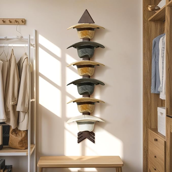 Cowboy Hat Rack Wall Mount, Solid Wood Arrow Design 6 Pieces, Cowboy Hat Holder, Western Decor, Hat Organizer Storage, Hat Hanger Hook for Entryway Closet, Walnut
