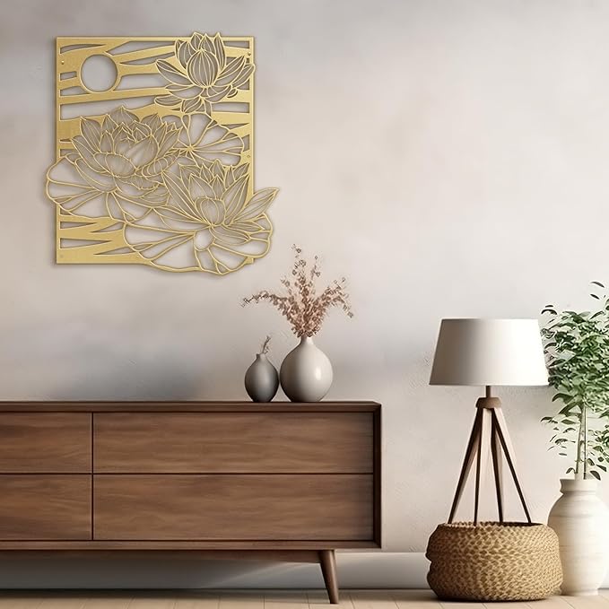SIGNLEADER Metal Wall Art Decor Lotus, Moonlight Minimalist Modern Abstract Wall Sculpture Hangings Home Decoration for Living Room, Bedroom, Bathroom, Kitchen, Outdoor - 18" Gold