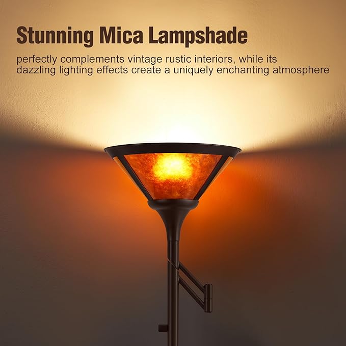EJIAXIN Floor Lamps for Living Room - 70" Brown Torchiere Standing Floor Lamp with Adjustable Swing Arm - Tall Corner Lamp Decor for Bedroom with Mica Shade LED Reading Light for Home Office