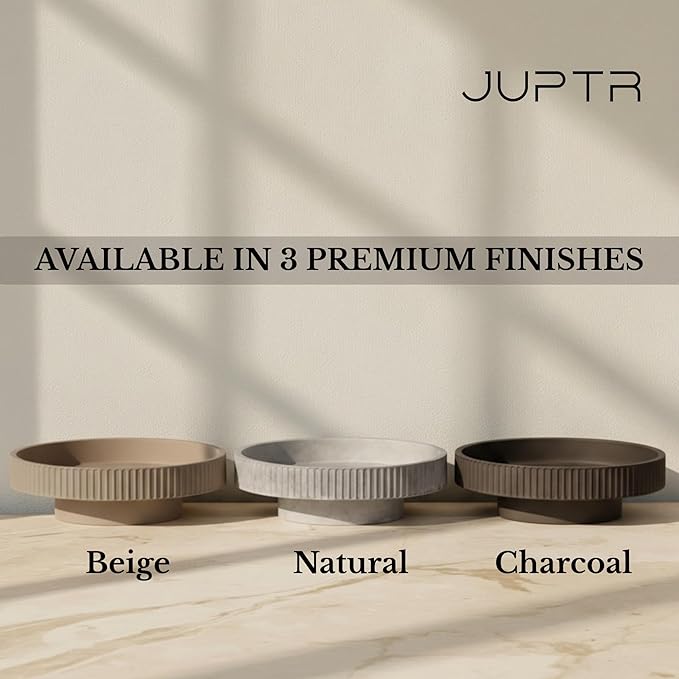 JUPTR 12” Fluted Concrete Fruit Bowl – Heavyweight Pedestal Decorative Bowl for Table Centerpiece, Entryway Catch-All & Modern Home Décor (Natural)