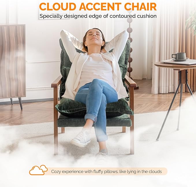 VINGLI Mid-Century Modern Cloud Accent Armchair with Lumbar Pillow, 6.3'' Thick Seat Cushion Comfy Reading Chair with Wooden Armrests，Boho Lounge Chair for Bedroom, Living Room, Chenille, Dark Green