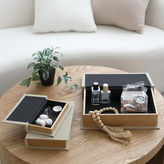 Decorative Book Boxes Set of 3 – Modern Faux Linen & Wood Hidden Storage for Coffee Table – Stackable Fake Books for Shelf Decor, Remote Control & Jewelry Organizer (Linen)