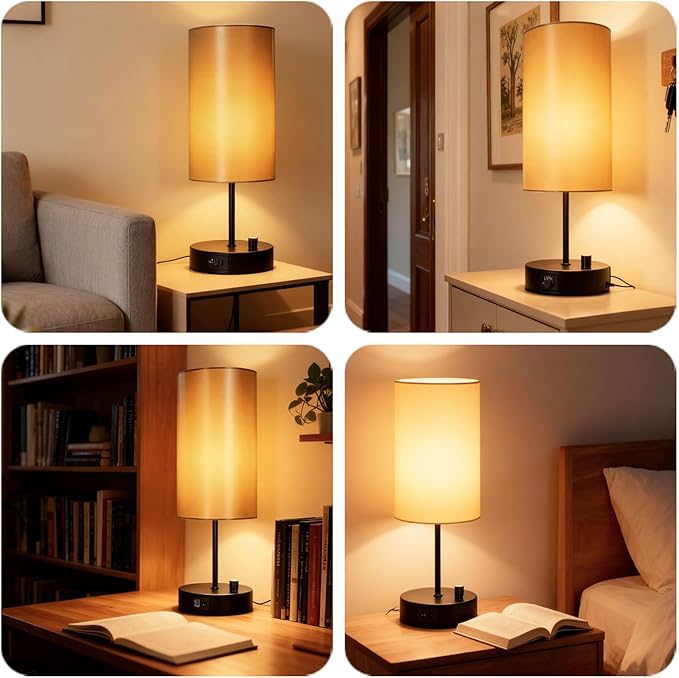 HiBay 17.75" Dimmable Bedside Table Lamp with Charging Station - 2 USB Ports & AC Outlet, Industrial Black Nightstand Light with Silver-Gray Shade for Living Room Dorm Office, Bulb Included