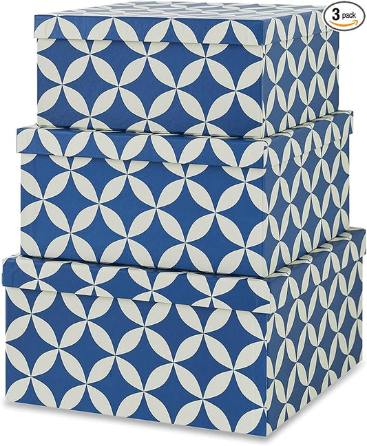 Soul & Lane Set of 3 Decorative Boxes with Lids, Square 11" x 11" Nesting Cardboard Storage for Home Décor in Blue and Cream, Keepsake and Memory Boxes for Organizing, Mosaic Navy