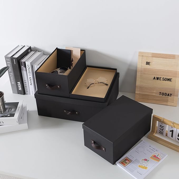Soul & Lane Decorative Storage Boxes with Lids - Set of 3 (One Large and Two Medium), Sturdy Cardboard Organizers for Photos, Versatile Boxes with Handles for Office & Home, Dark Gray