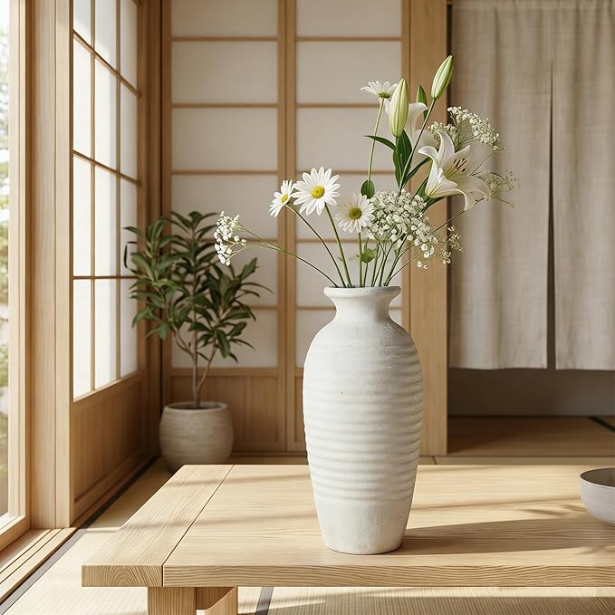 Ceramic Farmhouse Vase, 14.4 Inch Large Handmade Rustic Flower Vase, Waterproof Tall Vase for Pampas Grass & Home Decor, Ideal for Living Room, Shelf, Wedding & Housewarming Gift in Off-White