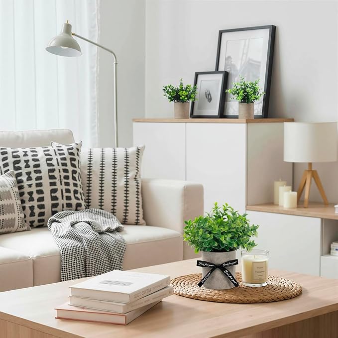 DomeStar 4PCS Faux Eucalyptus Stems, Artificial Eucalyptus Plants Greenery Stems in Pots with Gift Bags and Ribbons for Shelf Desk Home Bathroom Modern Farmhouse Living Room Coffee Table Decor