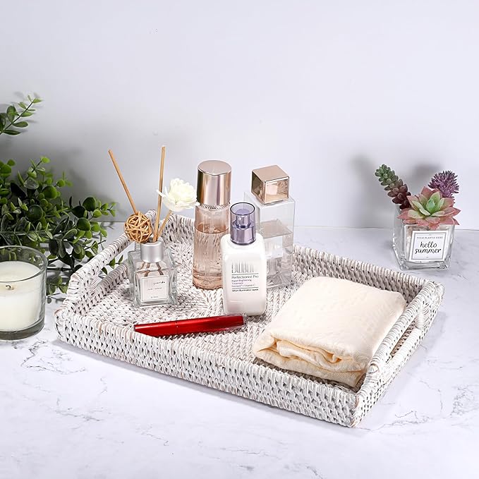 Hipiwe Rattan Serving Tray with Wooden Handles - Hand Woven Decorative Tray for for Coffee Table, Rectangular Basket Ottoman Trays Wicker Fruit Bread Serving Basket, Whitewash